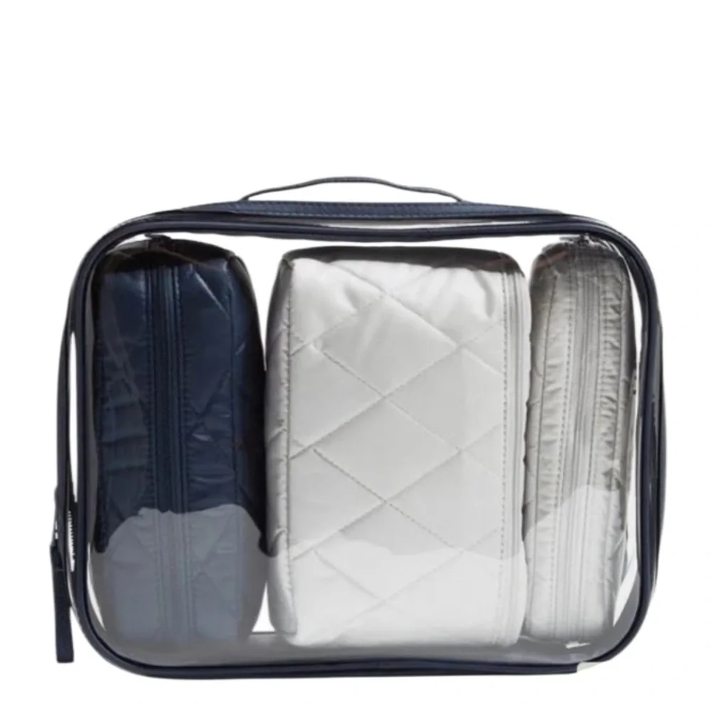 NWT Vera Bradley 4-Piece Quilted Cosmetics Makeup Travel Bag Set Navy Blue Gray